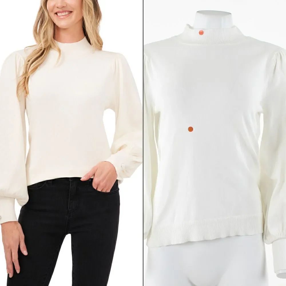CeCe Puff-Sleeve Mock-Neck Sweater in Antique White